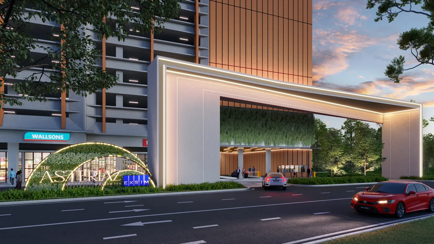 The Asteriaz entrance statement and street frontage at Kebun Teh
