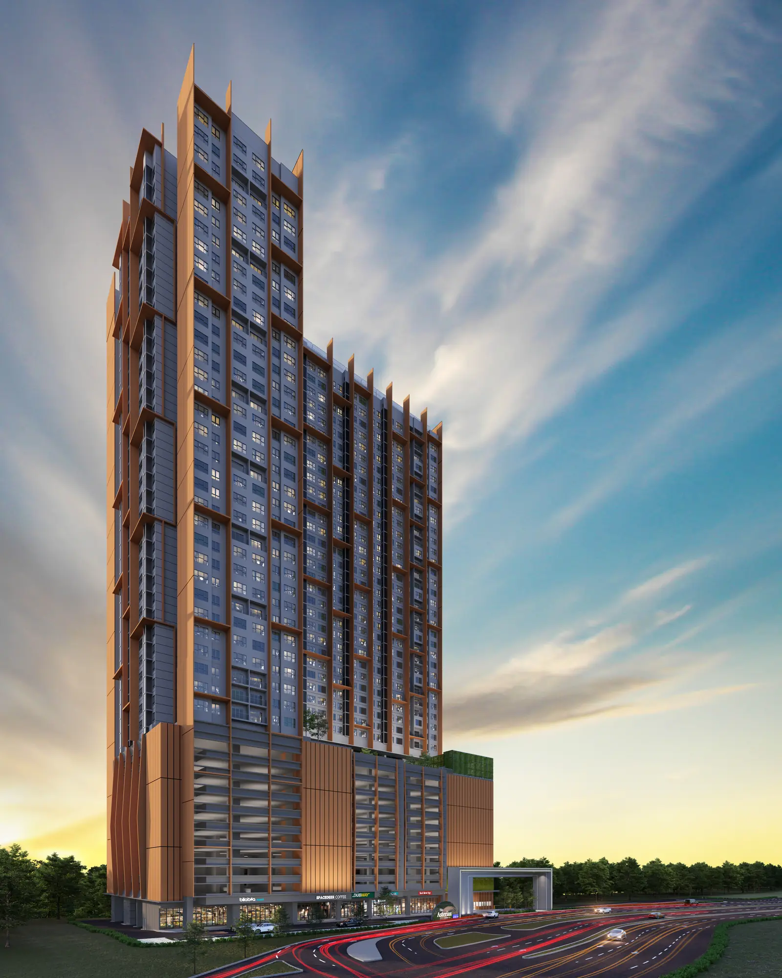 The Asteriaz tower at Kebun Teh, Johor Bahru, at golden hour