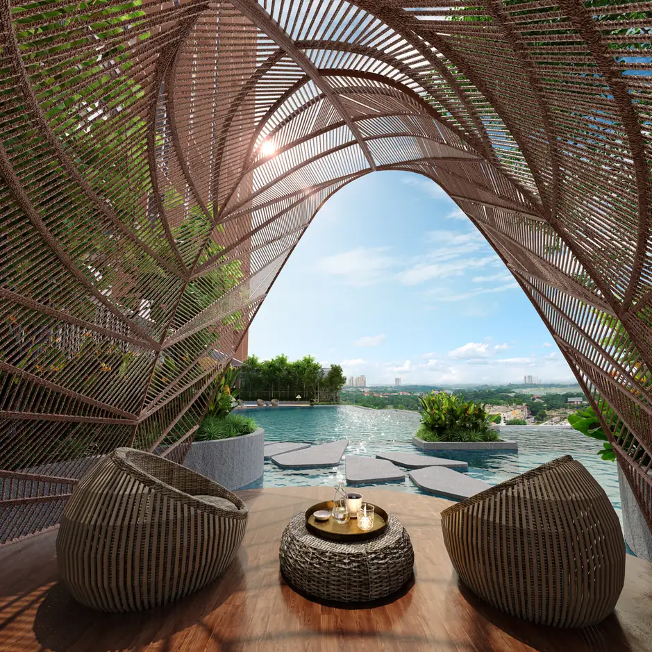 Galaxy Pavilion sculptural shade structure beside the pool